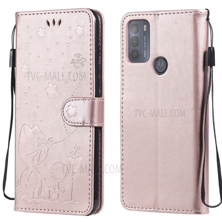 Cat and Bee Pattern Imprinting Wallet Stand Design Leather Case with Magnetic Closure for Motorola Moto G50 - Rose Gold-1