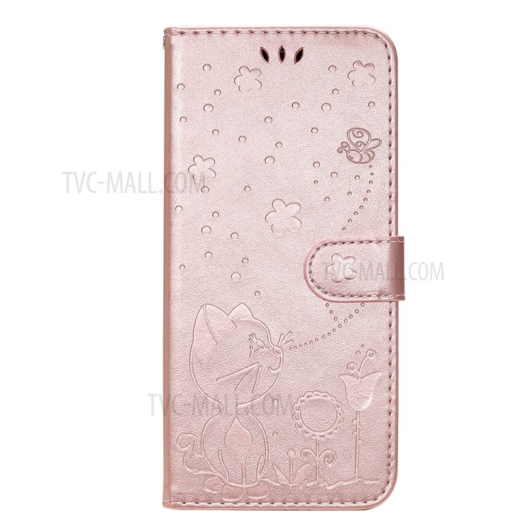 Cat and Bee Pattern Imprinting Wallet Stand Design Leather Case with Magnetic Closure for Motorola Moto G50 - Rose Gold-11