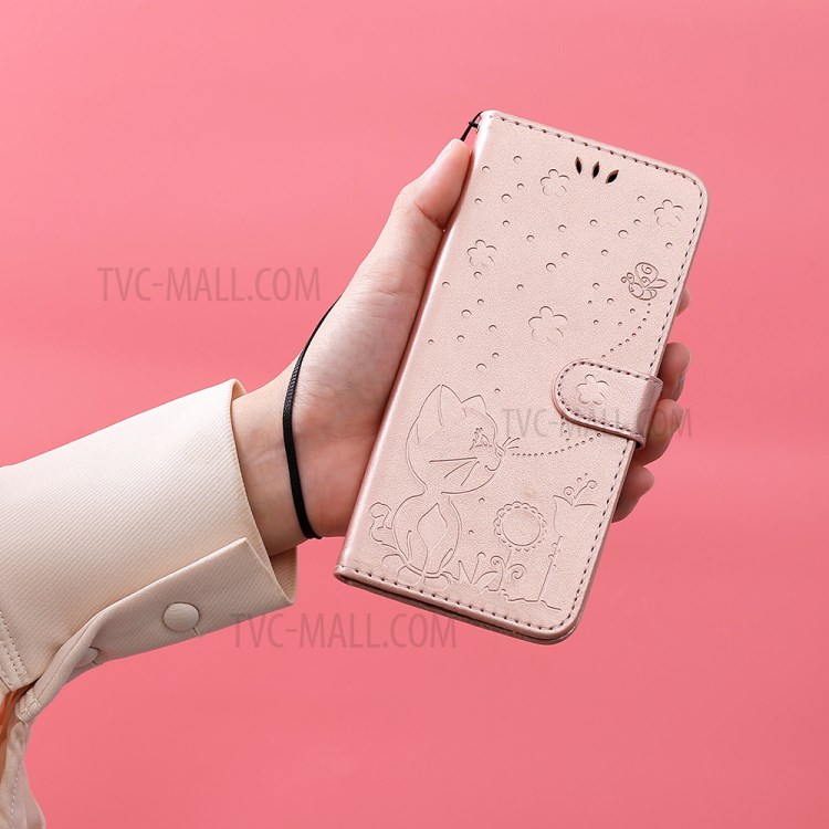 Cat and Bee Pattern Imprinting Wallet Stand Design Leather Case with Magnetic Closure for Motorola Moto G50 - Rose Gold-12
