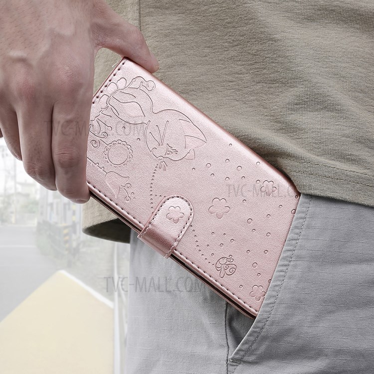 Cat and Bee Pattern Imprinting Wallet Stand Design Leather Case with Magnetic Closure for Motorola Moto G50 - Rose Gold-13