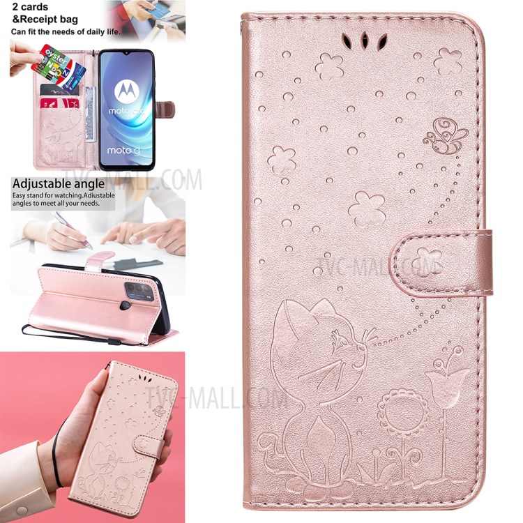 Cat and Bee Pattern Imprinting Wallet Stand Design Leather Case with Magnetic Closure for Motorola Moto G50 - Rose Gold-14