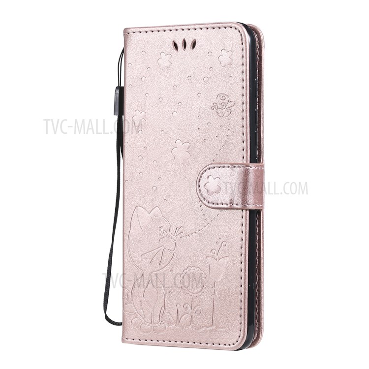 Cat and Bee Pattern Imprinting Wallet Stand Design Leather Case with Magnetic Closure for Motorola Moto G50 - Rose Gold-2