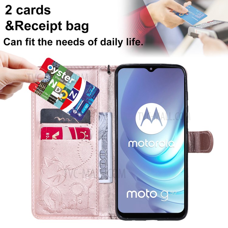 Cat and Bee Pattern Imprinting Wallet Stand Design Leather Case with Magnetic Closure for Motorola Moto G50 - Rose Gold-4