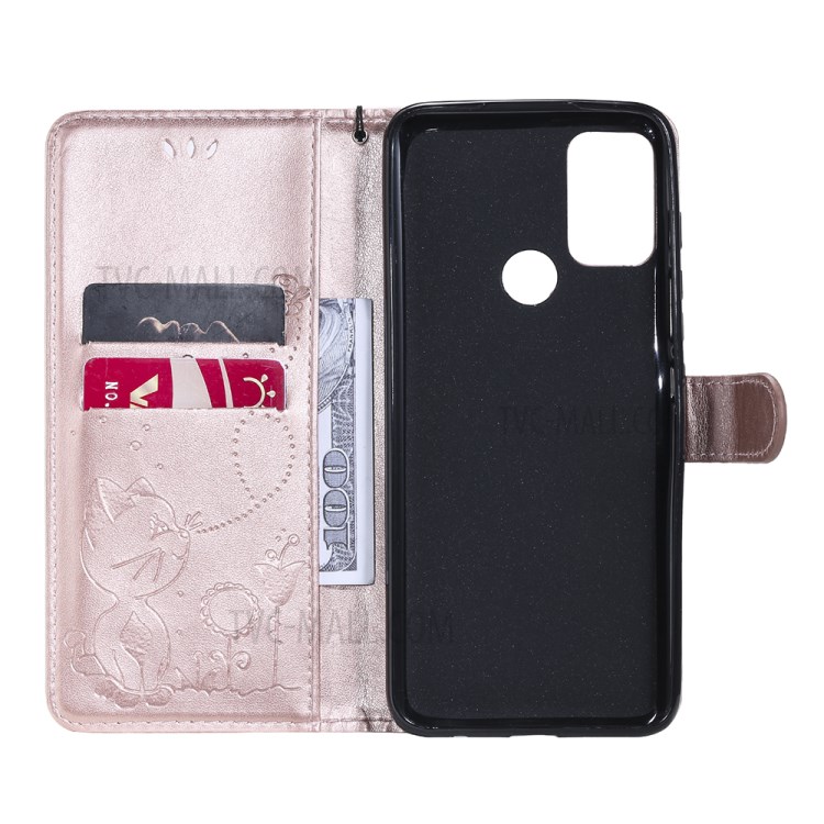 Cat and Bee Pattern Imprinting Wallet Stand Design Leather Case with Magnetic Closure for Motorola Moto G50 - Rose Gold-6