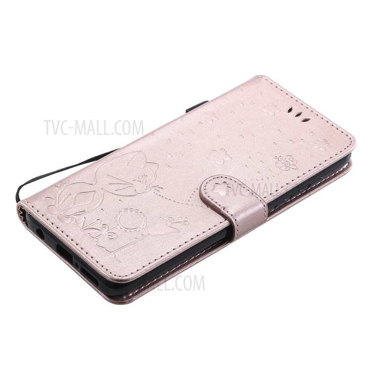 Cat and Bee Pattern Imprinting Wallet Stand Design Leather Case with Magnetic Closure for Motorola Moto G50 - Rose Gold-9