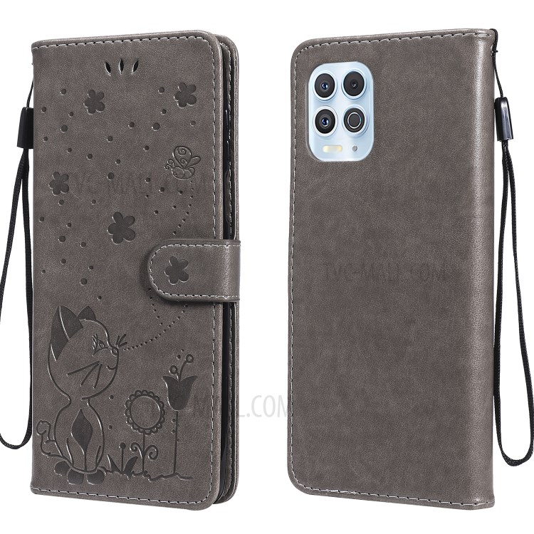 Magnetic Closing Cat and Bee Pattern Imprinting Wallet Stand Leather Case for Motorola Moto G100/Edge S - Grey-1