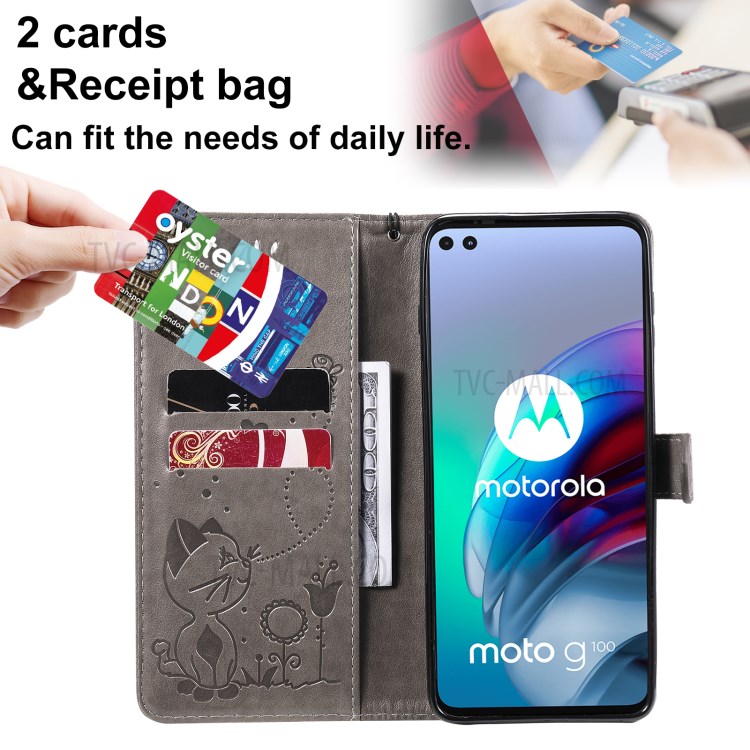 Magnetic Closing Cat and Bee Pattern Imprinting Wallet Stand Leather Case for Motorola Moto G100/Edge S - Grey-4