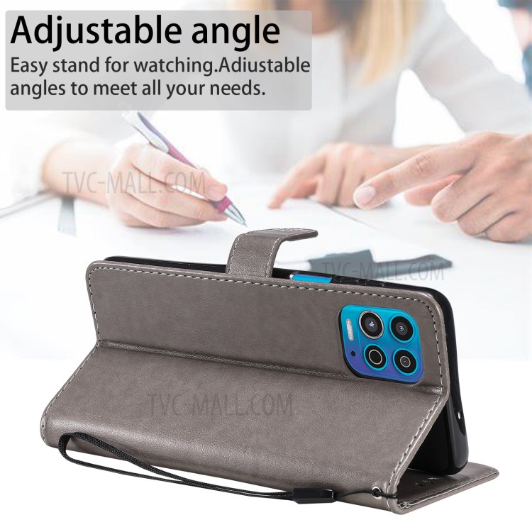 Magnetic Closing Cat and Bee Pattern Imprinting Wallet Stand Leather Case for Motorola Moto G100/Edge S - Grey-5