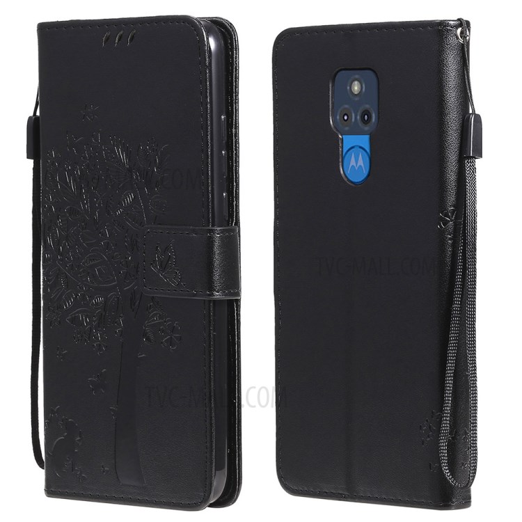 Imprinted Cat Tree Leather Phone Case with Stand Wallet for Motorola Moto G Play (2021) - Black-1