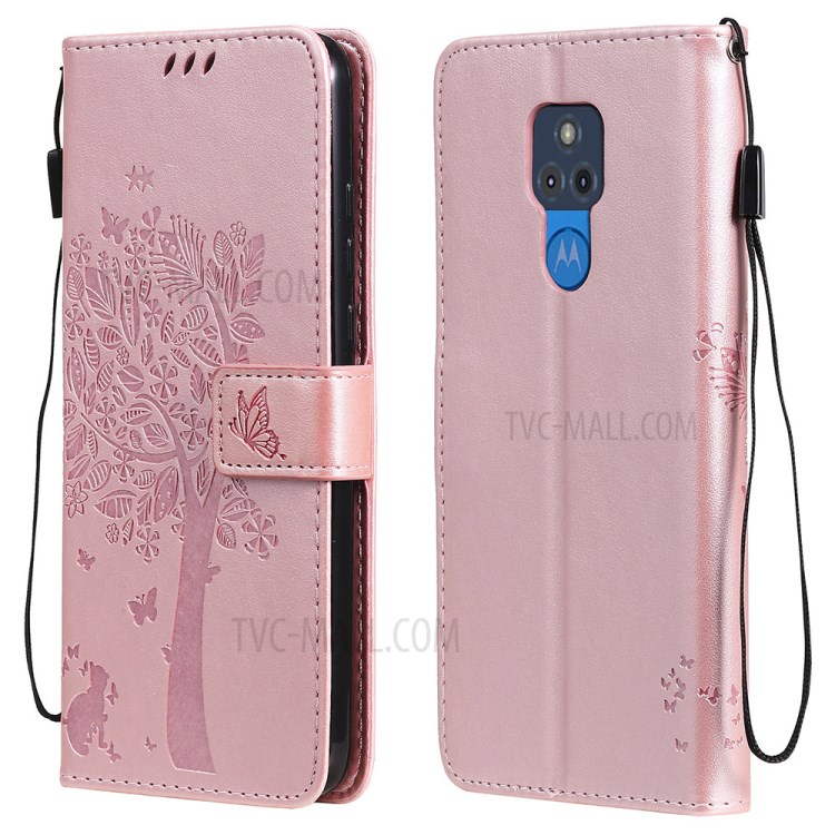 Imprinted Cat Tree Leather Phone Case with Stand Wallet for Motorola Moto G Play (2021) - Rose Gold-1