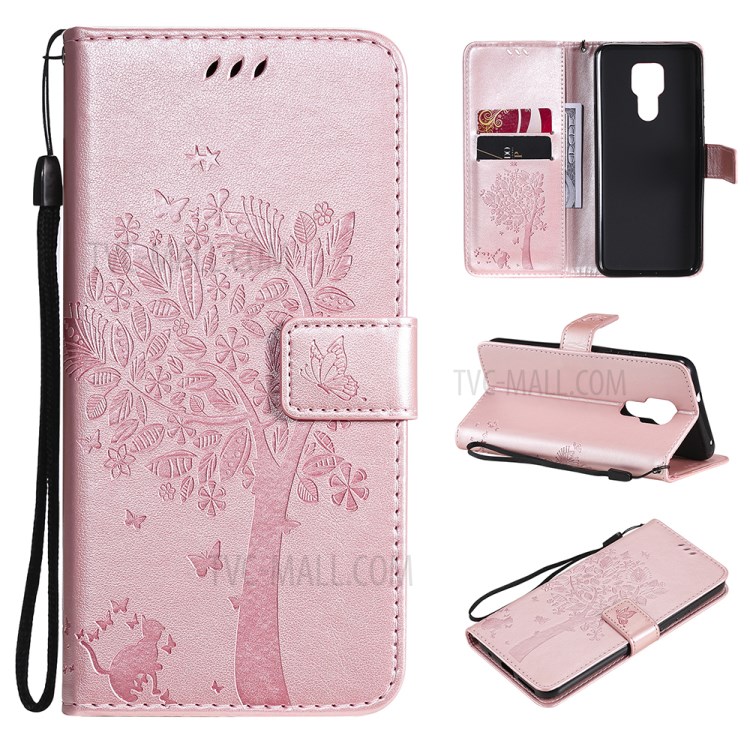 Imprinted Cat Tree Leather Phone Case with Stand Wallet for Motorola Moto G Play (2021) - Rose Gold-11