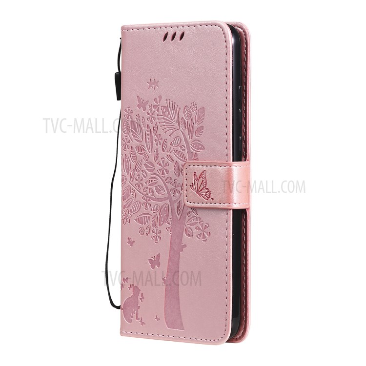 Imprinted Cat Tree Leather Phone Case with Stand Wallet for Motorola Moto G Play (2021) - Rose Gold-2