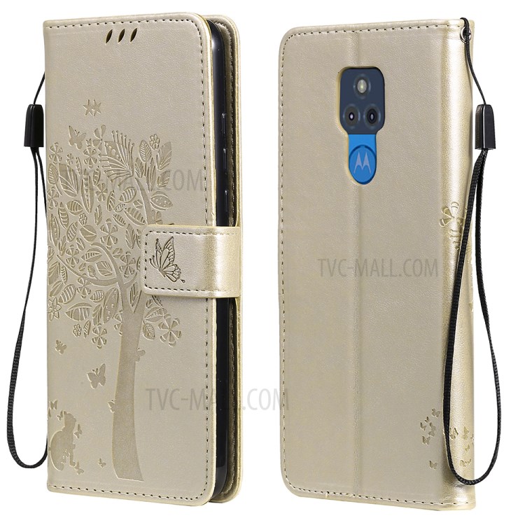 Imprinted Cat Tree Leather Phone Case with Stand Wallet for Motorola Moto G Play (2021) - Gold-1