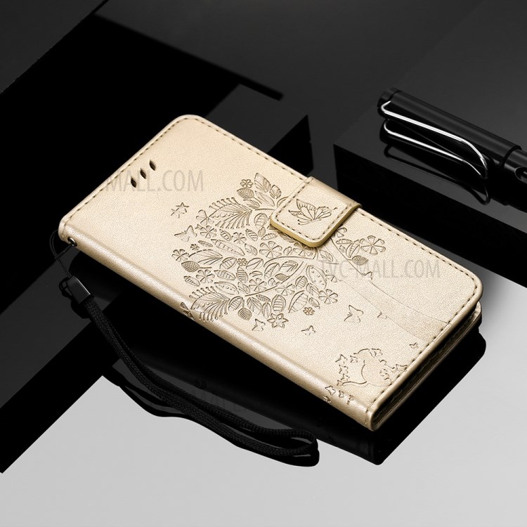 Imprinted Cat Tree Leather Phone Case with Stand Wallet for Motorola Moto G Play (2021) - Gold-10