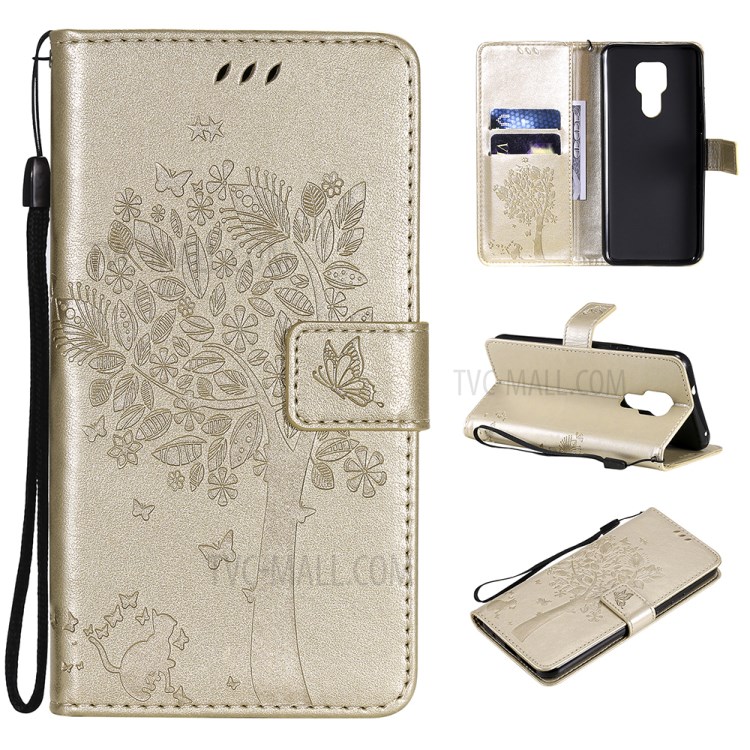 Imprinted Cat Tree Leather Phone Case with Stand Wallet for Motorola Moto G Play (2021) - Gold-11