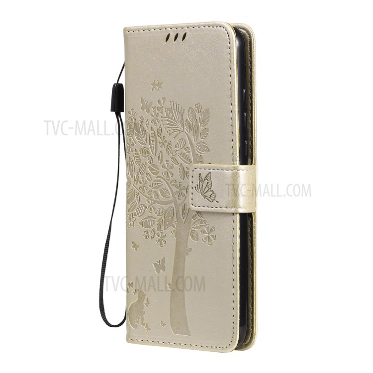 Imprinted Cat Tree Leather Phone Case with Stand Wallet for Motorola Moto G Play (2021) - Gold-2