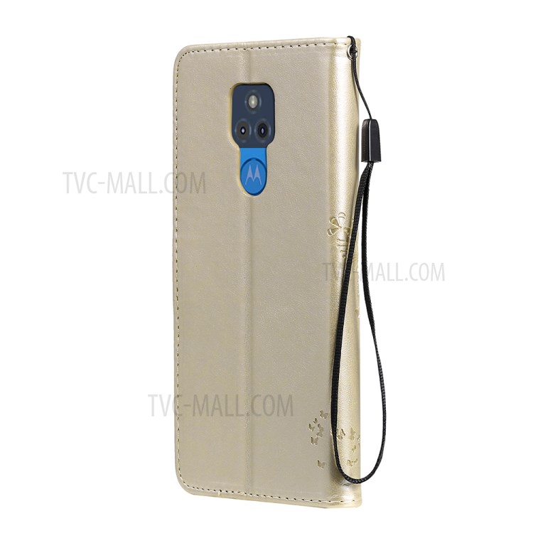 Imprinted Cat Tree Leather Phone Case with Stand Wallet for Motorola Moto G Play (2021) - Gold-3