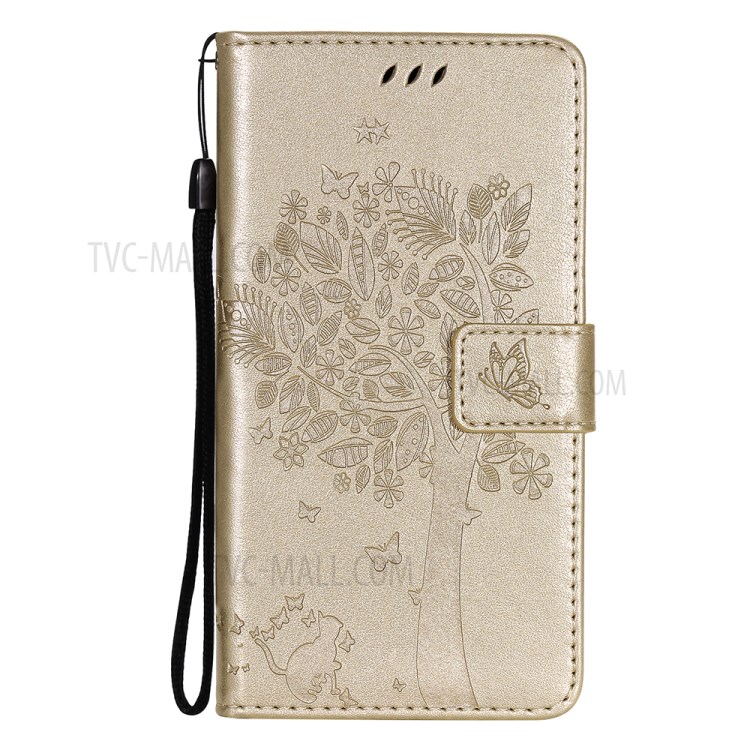 Imprinted Cat Tree Leather Phone Case with Stand Wallet for Motorola Moto G Play (2021) - Gold-6