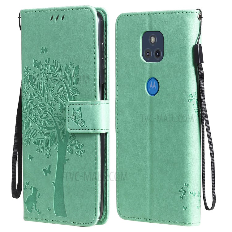 Imprint Cat Tree Full Protection PU Leather Wallet Phone Stand Case Cover with Strap for Motorola Moto G Power (2021) - Green-1