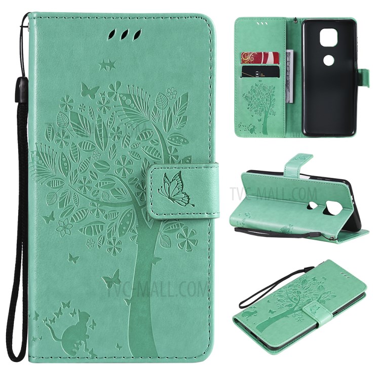 Imprint Cat Tree Full Protection PU Leather Wallet Phone Stand Case Cover with Strap for Motorola Moto G Power (2021) - Green-11