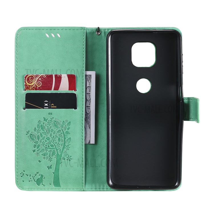 Imprint Cat Tree Full Protection PU Leather Wallet Phone Stand Case Cover with Strap for Motorola Moto G Power (2021) - Green-5