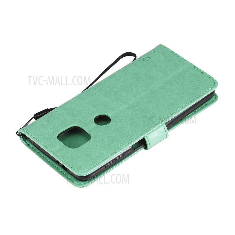 Imprint Cat Tree Full Protection PU Leather Wallet Phone Stand Case Cover with Strap for Motorola Moto G Power (2021) - Green-9