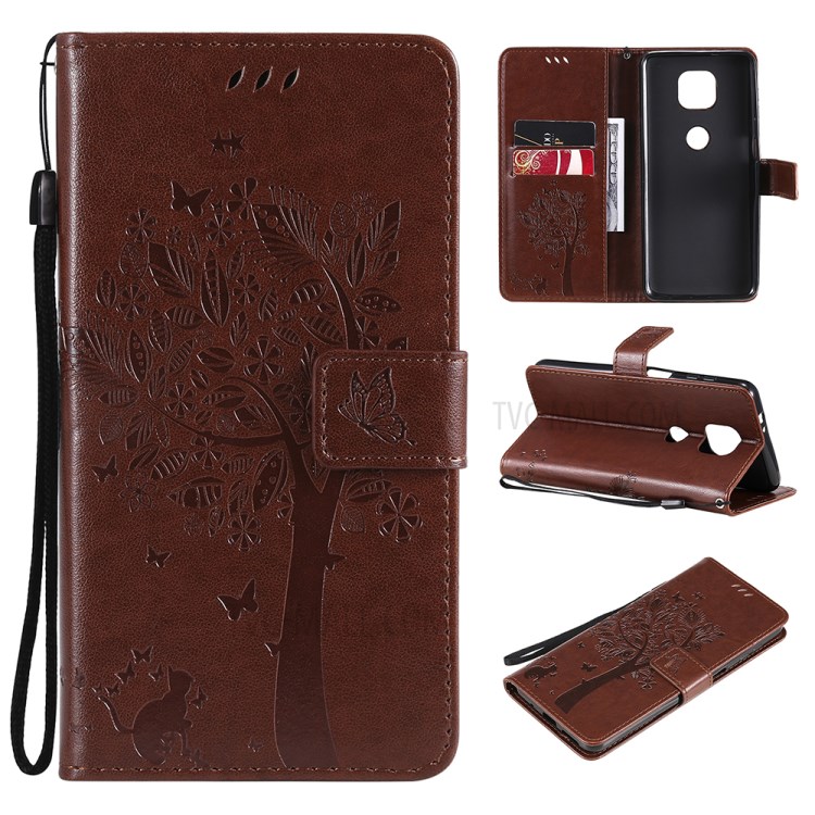 Imprint Cat Tree Full Protection PU Leather Wallet Phone Stand Case Cover with Strap for Motorola Moto G Power (2021) - Coffee-11