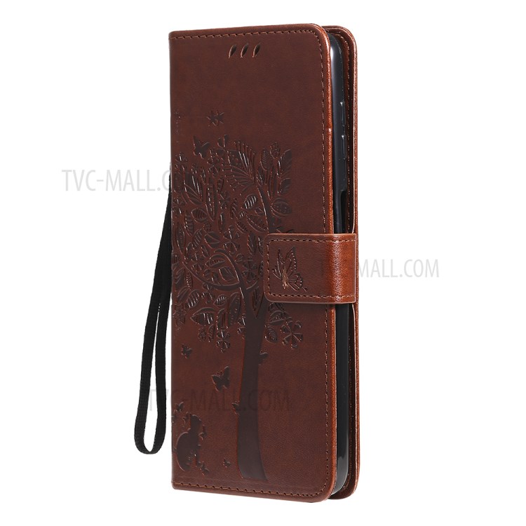 Imprint Cat Tree Full Protection PU Leather Wallet Phone Stand Case Cover with Strap for Motorola Moto G Power (2021) - Coffee-3