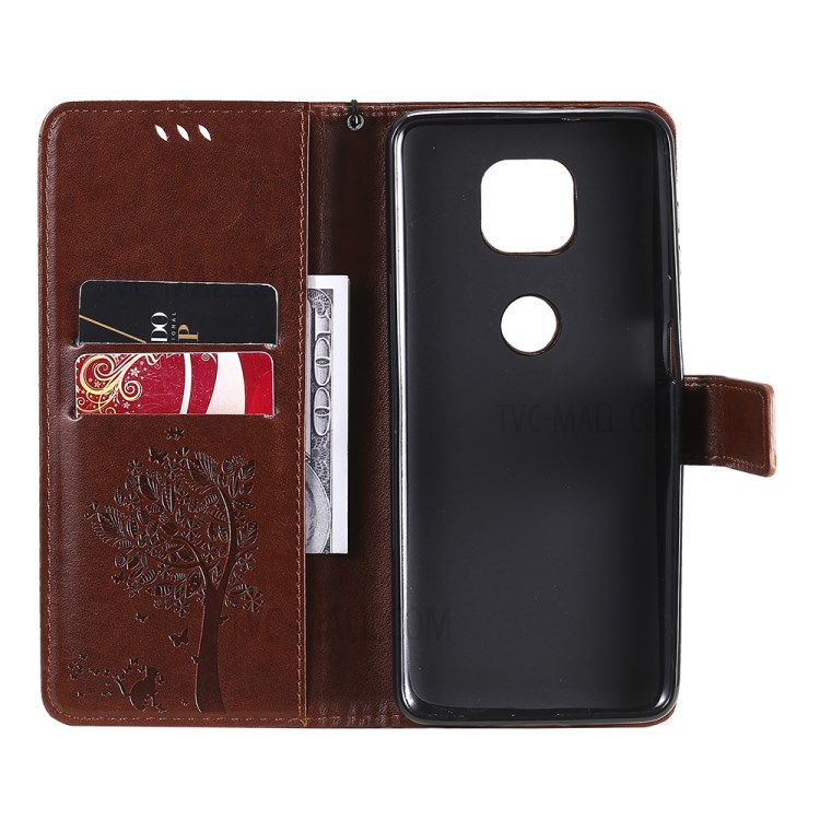 Imprint Cat Tree Full Protection PU Leather Wallet Phone Stand Case Cover with Strap for Motorola Moto G Power (2021) - Coffee-5