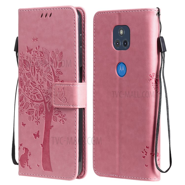 Imprint Cat Tree Full Protection PU Leather Wallet Phone Stand Case Cover with Strap for Motorola Moto G Power (2021) - Pink-1