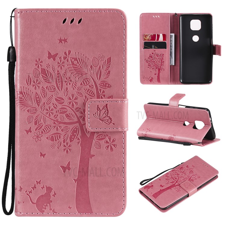 Imprint Cat Tree Full Protection PU Leather Wallet Phone Stand Case Cover with Strap for Motorola Moto G Power (2021) - Pink-11