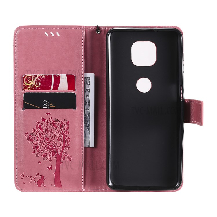 Imprint Cat Tree Full Protection PU Leather Wallet Phone Stand Case Cover with Strap for Motorola Moto G Power (2021) - Pink-5