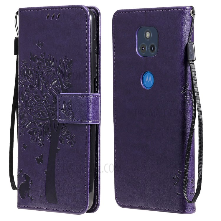 Imprint Cat Tree Full Protection PU Leather Wallet Phone Stand Case Cover with Strap for Motorola Moto G Power (2021) - Purple-1
