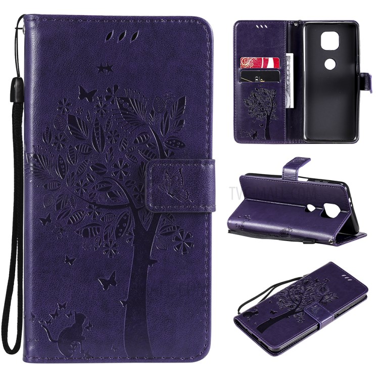 Imprint Cat Tree Full Protection PU Leather Wallet Phone Stand Case Cover with Strap for Motorola Moto G Power (2021) - Purple-11