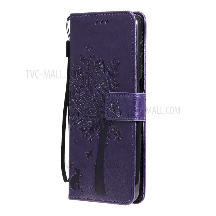 Imprint Cat Tree Full Protection PU Leather Wallet Phone Stand Case Cover with Strap for Motorola Moto G Power (2021) - Purple-2