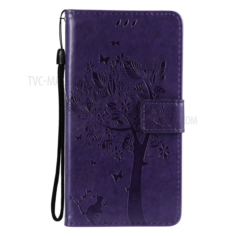 Imprint Cat Tree Full Protection PU Leather Wallet Phone Stand Case Cover with Strap for Motorola Moto G Power (2021) - Purple-6