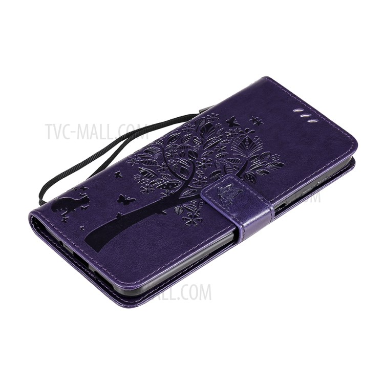 Imprint Cat Tree Full Protection PU Leather Wallet Phone Stand Case Cover with Strap for Motorola Moto G Power (2021) - Purple-8