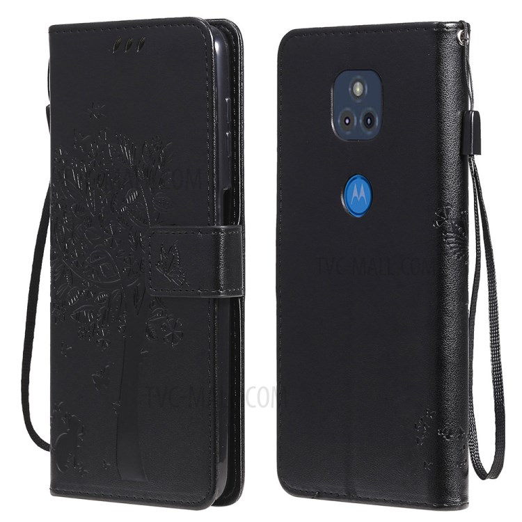 Imprint Cat Tree Full Protection PU Leather Wallet Phone Stand Case Cover with Strap for Motorola Moto G Power (2021) - Black-1