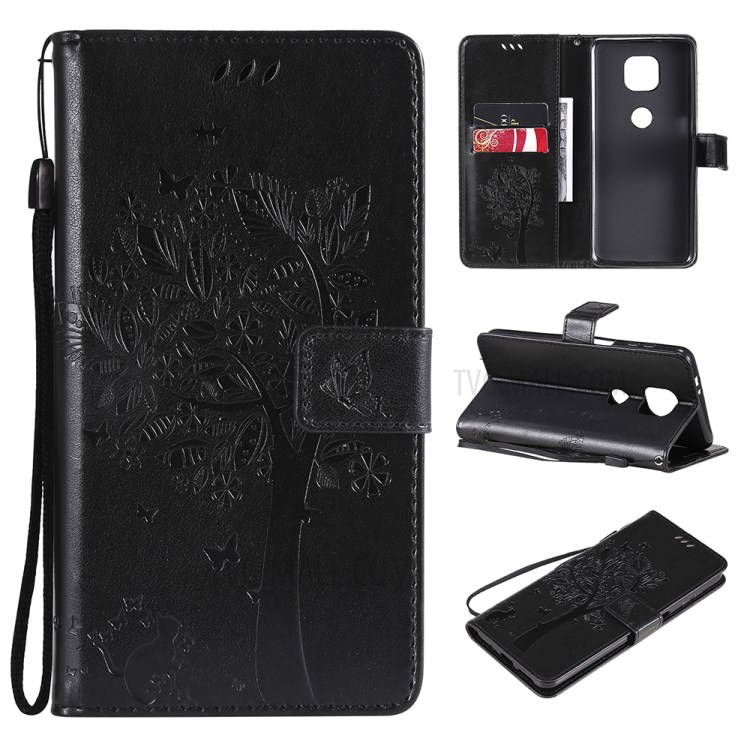 Imprint Cat Tree Full Protection PU Leather Wallet Phone Stand Case Cover with Strap for Motorola Moto G Power (2021) - Black-11