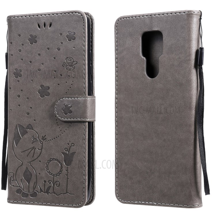 Cat and Bee Pattern Imprinting Wallet Stand Design Folio Flip Leather Case for Motorola Moto G Play (2021) - Grey-1