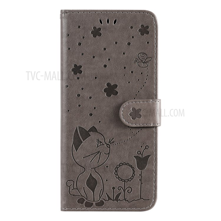 Cat and Bee Pattern Imprinting Wallet Stand Design Folio Flip Leather Case for Motorola Moto G Play (2021) - Grey-11
