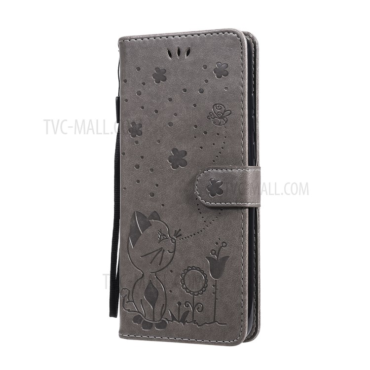 Cat and Bee Pattern Imprinting Wallet Stand Design Folio Flip Leather Case for Motorola Moto G Play (2021) - Grey-2