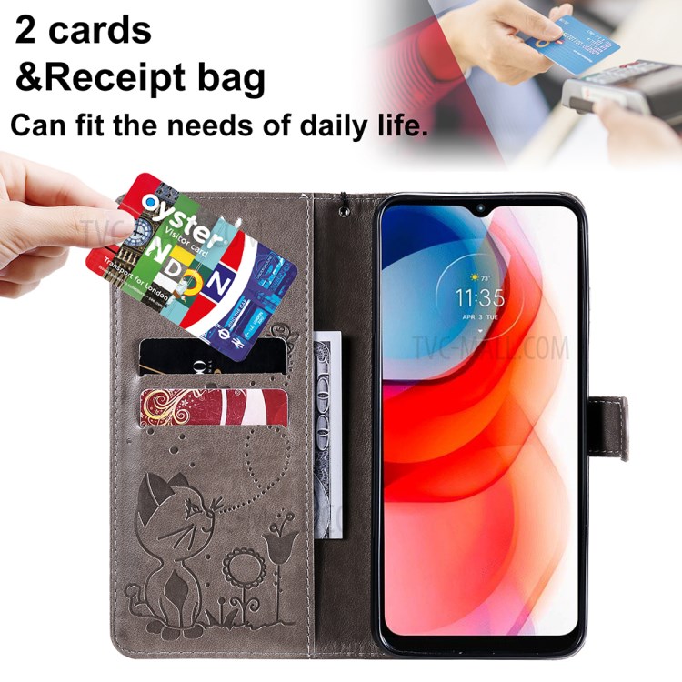 Cat and Bee Pattern Imprinting Wallet Stand Design Folio Flip Leather Case for Motorola Moto G Play (2021) - Grey-4
