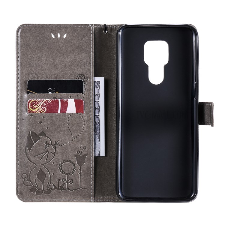 Cat and Bee Pattern Imprinting Wallet Stand Design Folio Flip Leather Case for Motorola Moto G Play (2021) - Grey-6