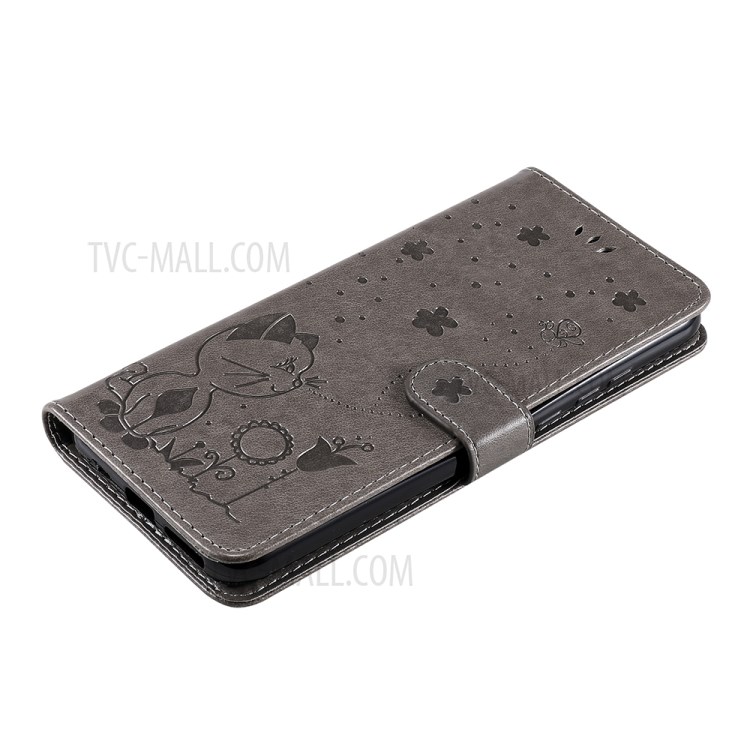 Cat and Bee Pattern Imprinting Wallet Stand Design Folio Flip Leather Case for Motorola Moto G Play (2021) - Grey-9