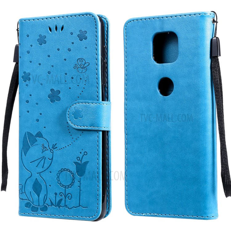 Cat and Bee Pattern Imprinting Folio Flip Wallet Leather Case with Stand for Motorola Moto G Power (2021) - Blue-1