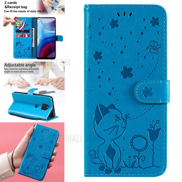 Cat and Bee Pattern Imprinting Folio Flip Wallet Leather Case with Stand for Motorola Moto G Power (2021) - Blue-14