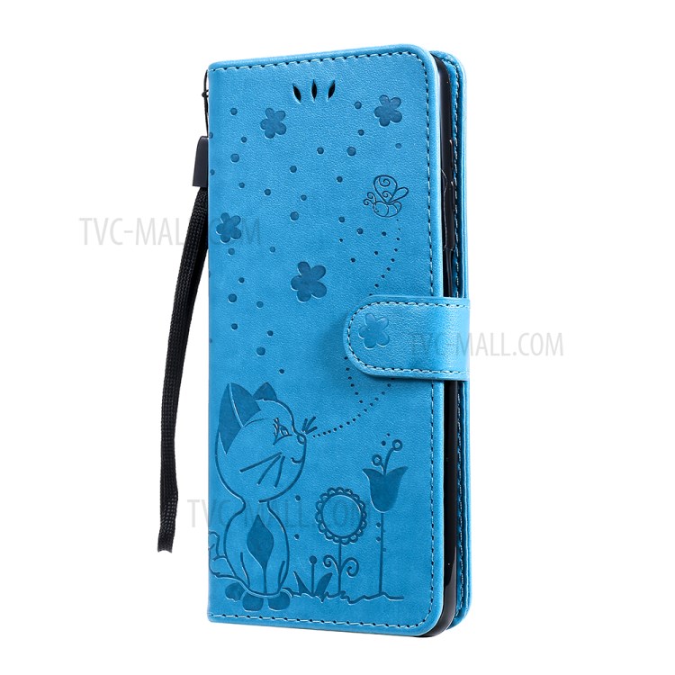 Cat and Bee Pattern Imprinting Folio Flip Wallet Leather Case with Stand for Motorola Moto G Power (2021) - Blue-2