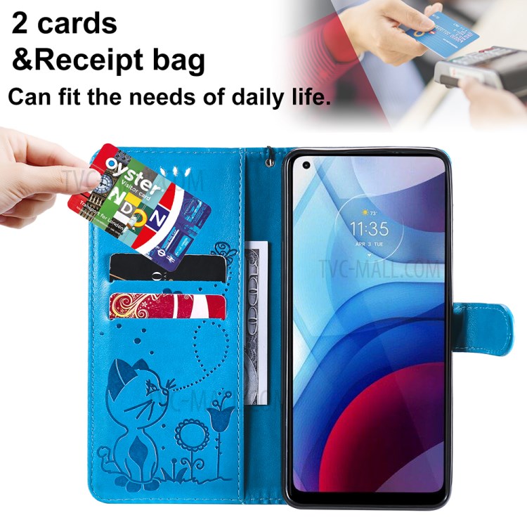 Cat and Bee Pattern Imprinting Folio Flip Wallet Leather Case with Stand for Motorola Moto G Power (2021) - Blue-4