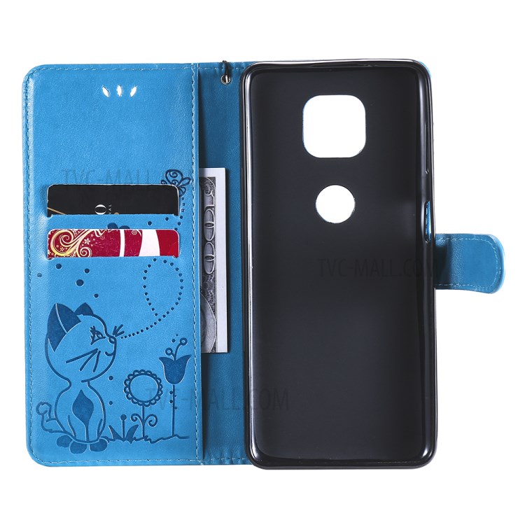 Cat and Bee Pattern Imprinting Folio Flip Wallet Leather Case with Stand for Motorola Moto G Power (2021) - Blue-6